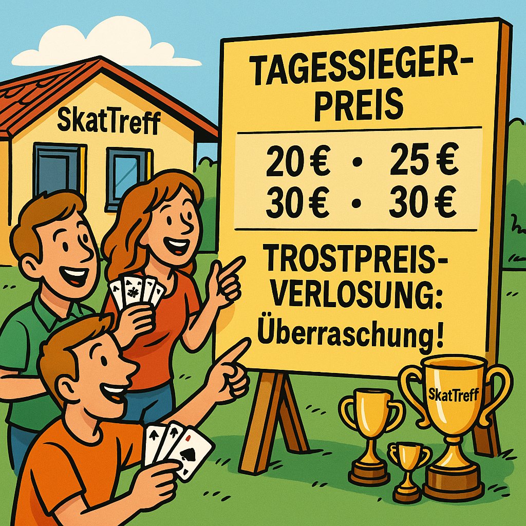 Comic: SkatTreff-Preisnews mit Pokalen und Plakat