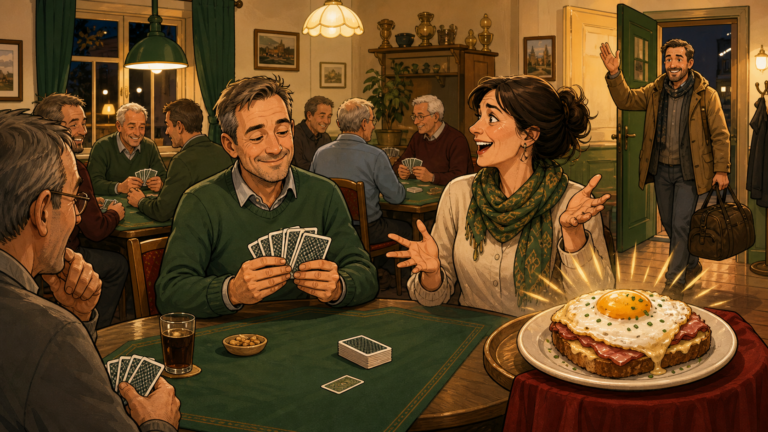 Humorvolle Comicillustration eines Skatabends mit Kartenrunde und Strammem Max