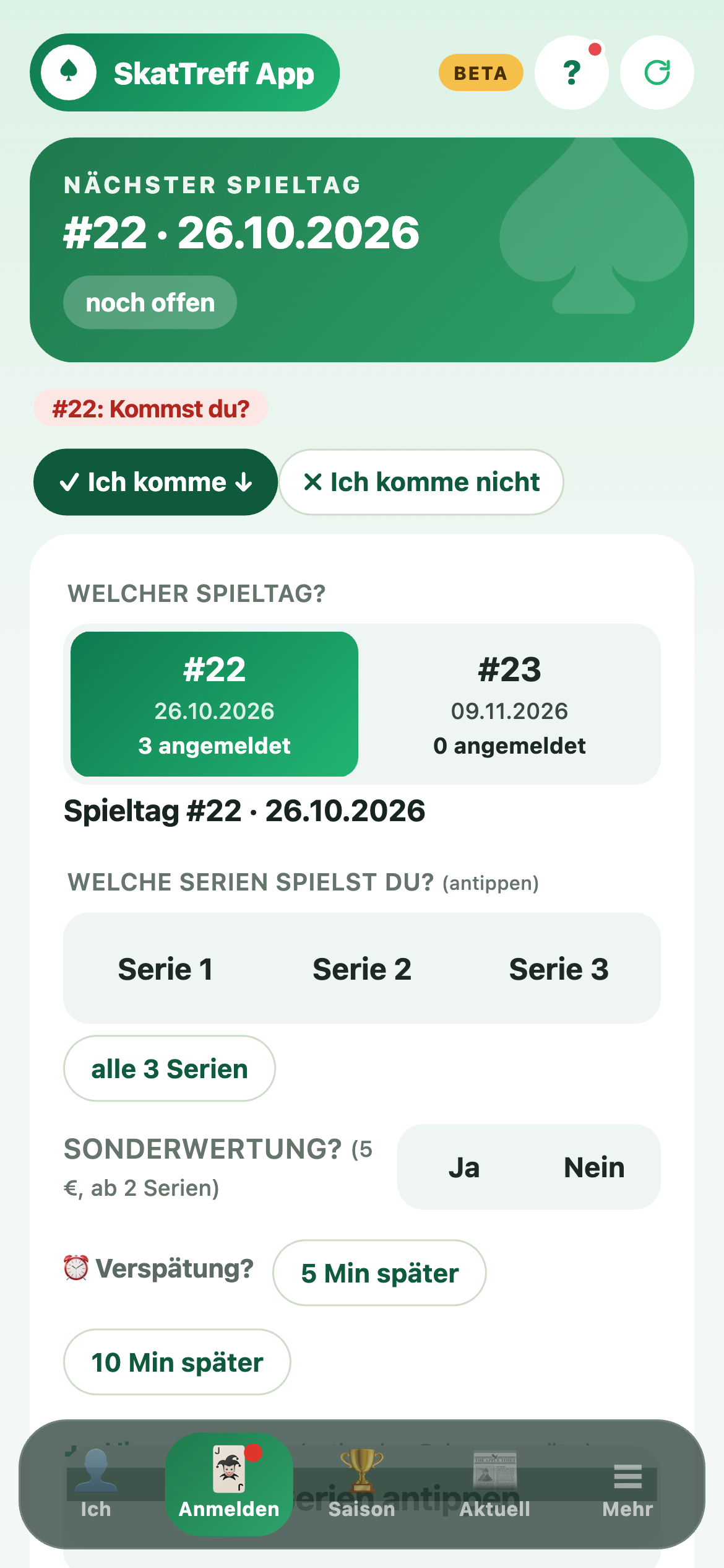 Anmelden zum Spieltag in der SkatTreff App