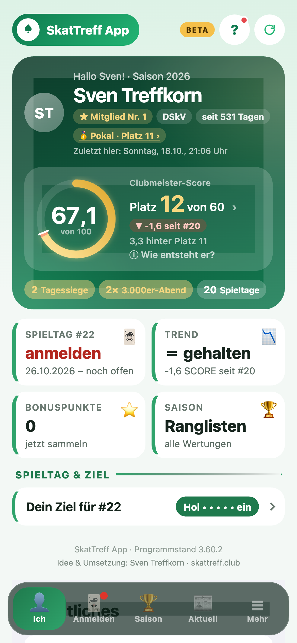 Persönliche Spielerkarte mit Clubmeister-Score
