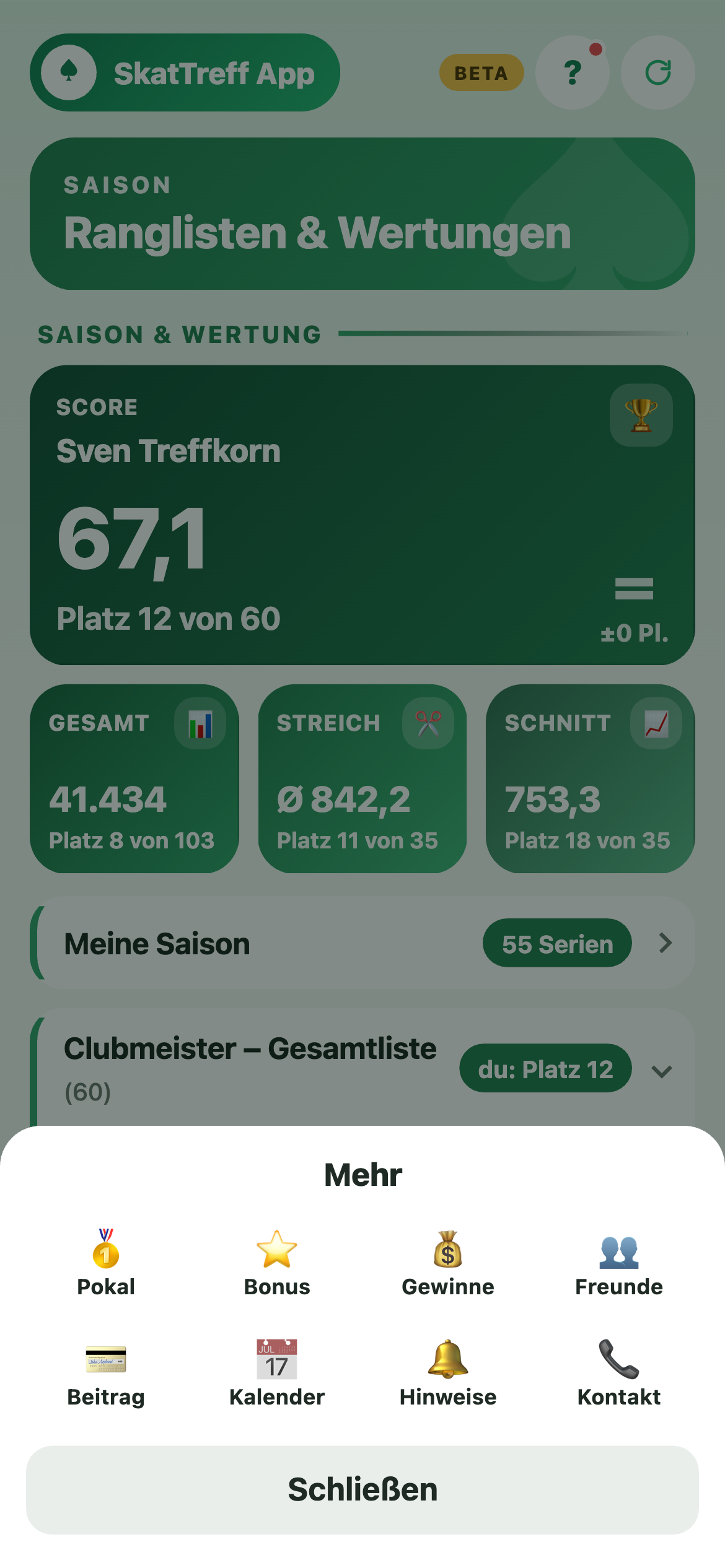 Saisonwertung und Mehr-Menü der SkatTreff App