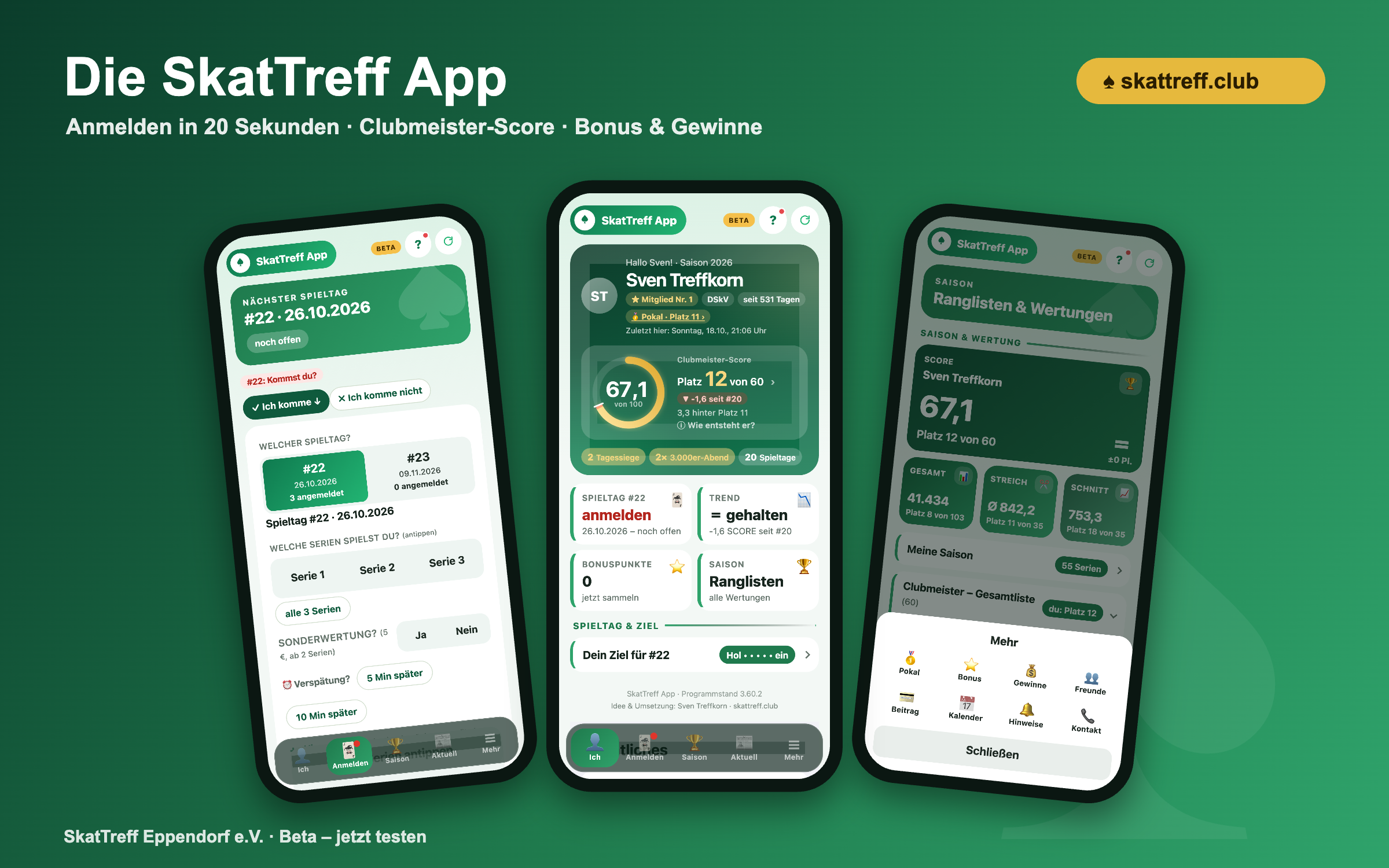 Die SkatTreff App: drei Handy-Ansichten mit Anmeldung, Spielerkarte und Saisonwertung